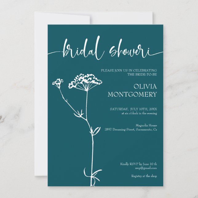  Modern Minimalist Floral Deep Teal Bridal Shower Invitation (Front)