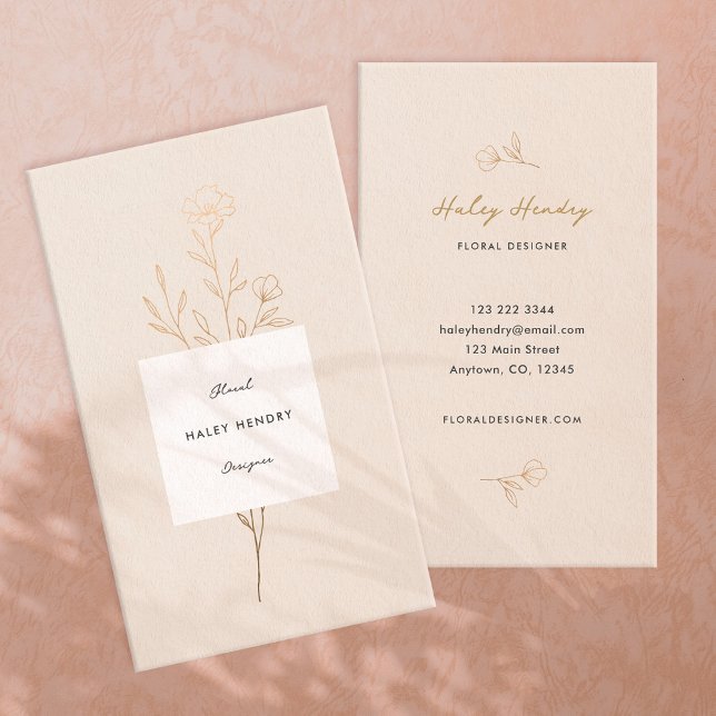 Modern Minimalist Floral Gold and Cream Business Card (Modern minimalist chic floral boho wildflower cream gold business card)