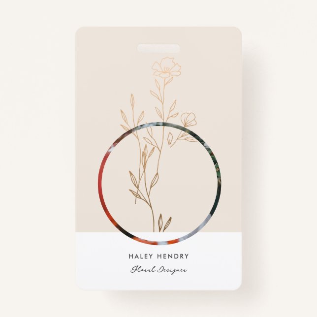 Modern Minimalist Floral Gold ID Badge (Front)
