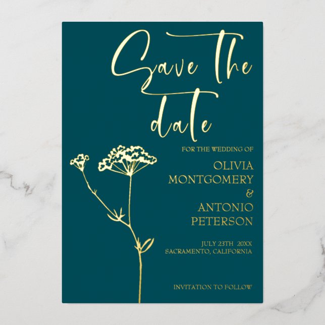 Modern Minimalist Floral Teal Save the date (Front)