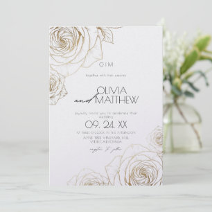 Modern Minimalist Flowers Gold Rose Wedding Photo Invitation