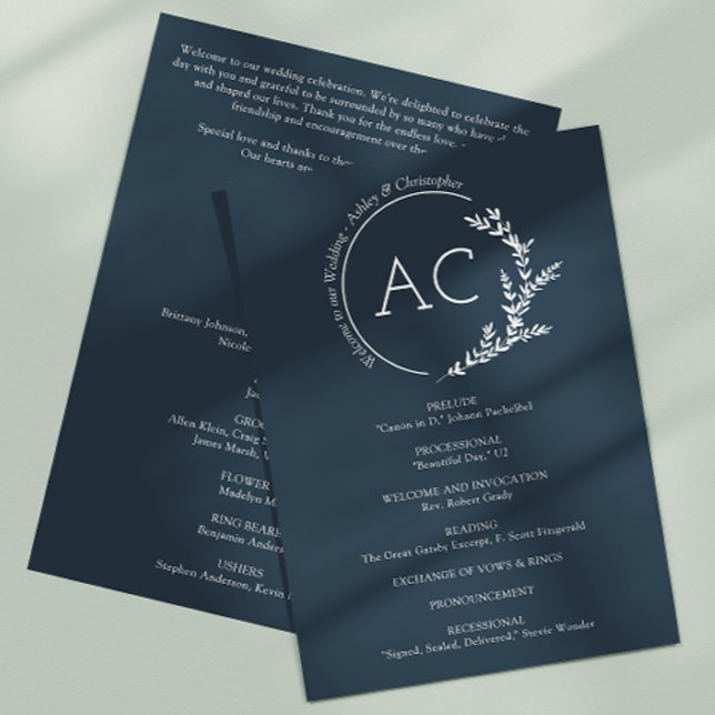 Modern Minimalist Foliage Navy Blue Wedding Programme (Creator Uploaded)