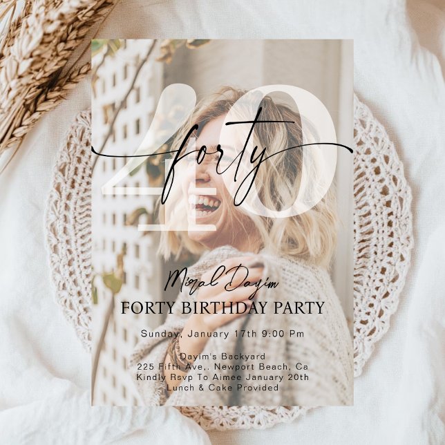Modern Minimalist FORTY 40th Birthday Party Photo  Invitation (Creator Uploaded)