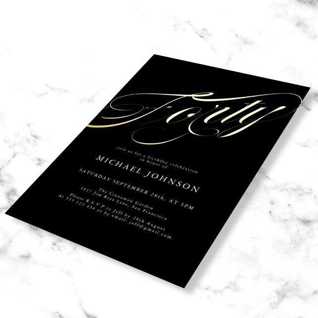 Modern Minimalist Forty Black Gold 40th Birthday (Mockup view)