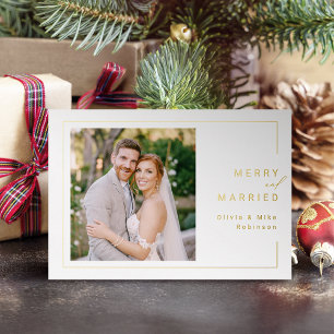 Modern Minimalist Frame Merry and Married Photo Foil Holiday Card