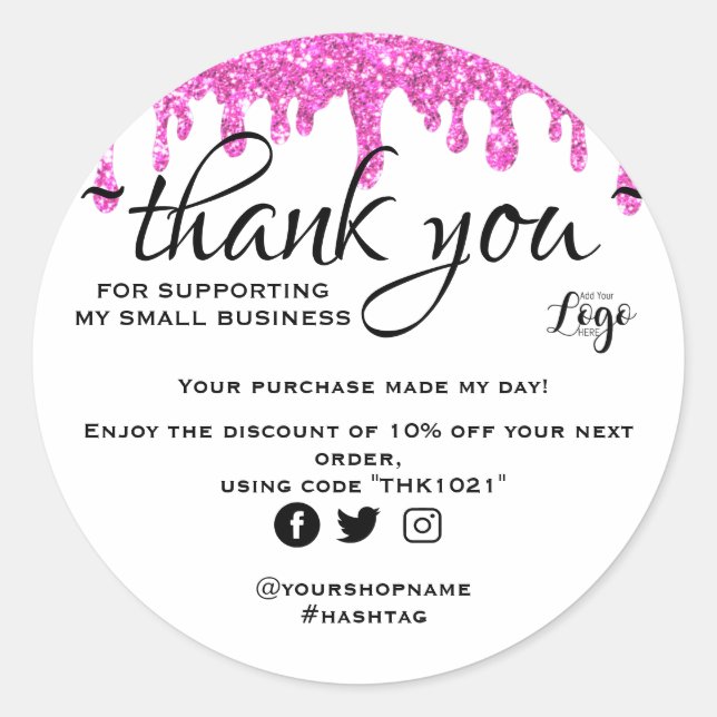 Modern minimalist Glitter pink thank you  Classic Round Sticker (Front)