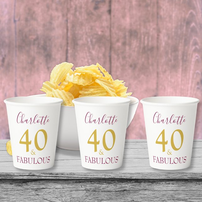 Modern Minimalist Gold 40th Birthday Party Paper Cups (Stylish minimalist 40 & fabulous gold and burgundy typography custom 40th birthday party paper cups)