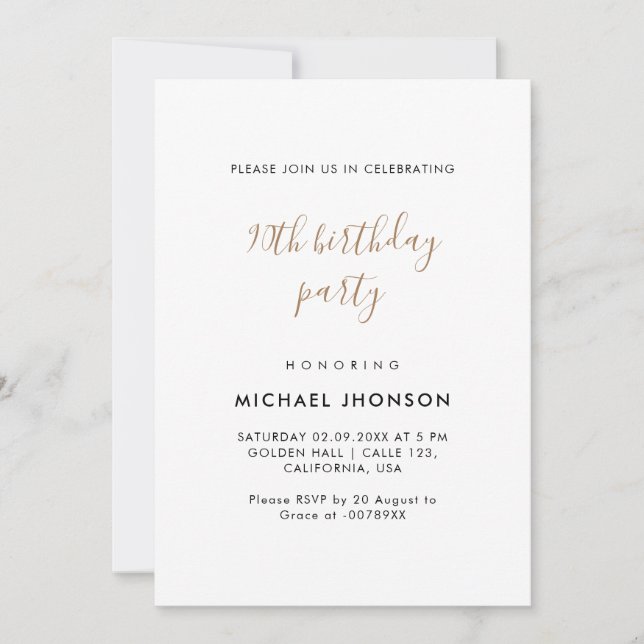 Modern Minimalist Gold 90th Birthday Party Invitation (Front)