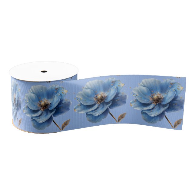 Modern Minimalist Gold and Blue Poppy  Grosgrain Ribbon (Spool)