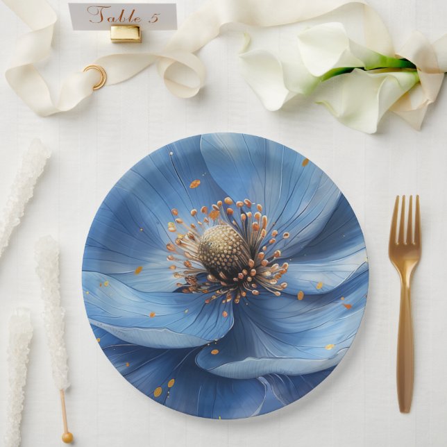 Modern Minimalist Gold and Blue Poppy  Paper Plate (Wedding)