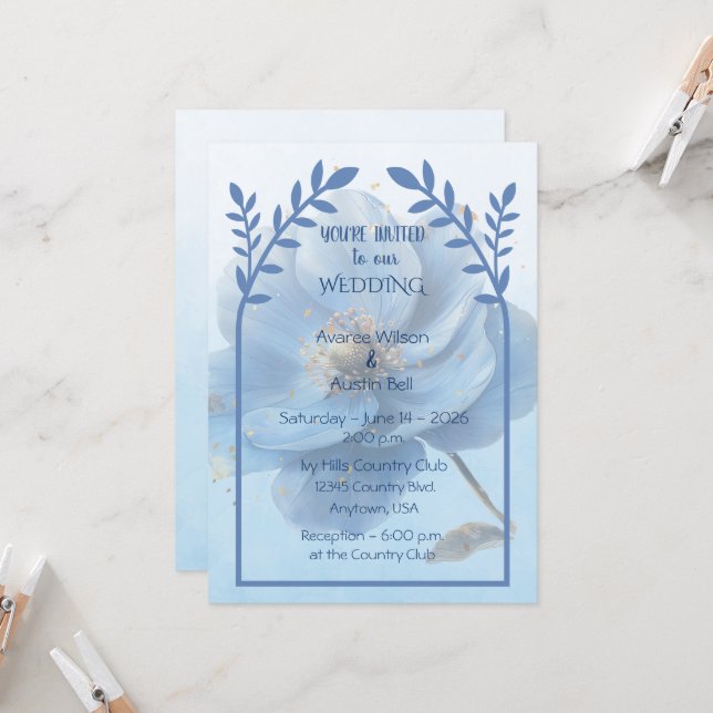 Modern Minimalist Gold and Blue Poppy Wedding   Invitation (Front/Back In Situ)