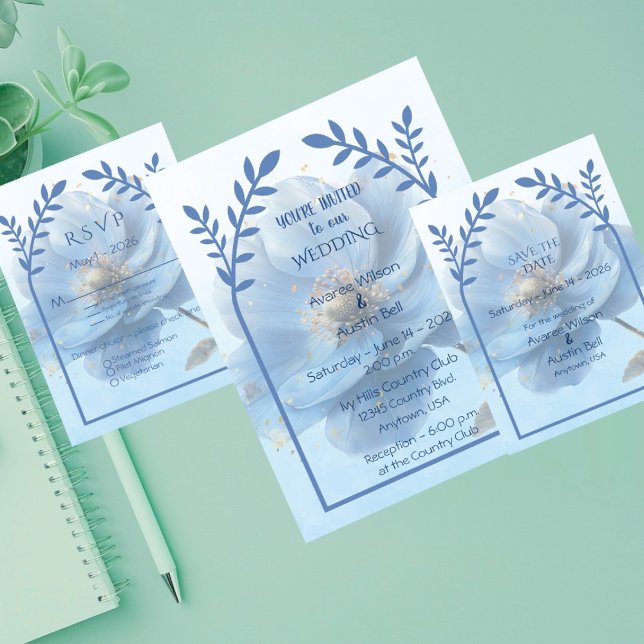 Modern Minimalist Gold and Blue Poppy Wedding   Invitation (Creator Uploaded)