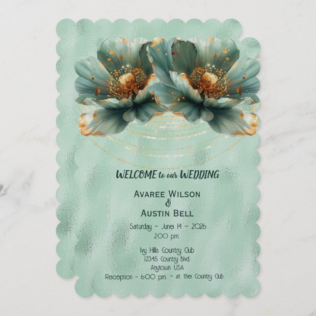 Modern Minimalist Gold and Emerald Wedding  Invitation (Front/Back)