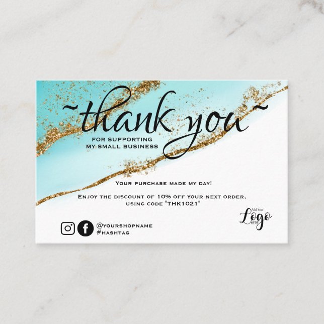 Modern minimalist Gold and teal order thank you Business Card (Front)