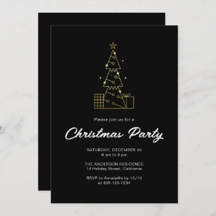 Modern Minimalist Gold Christmas Tree Party Black Invitation