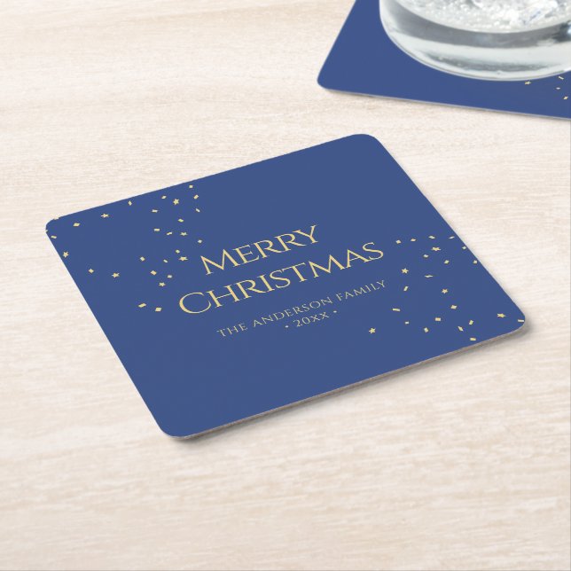 Modern Minimalist Gold Confetti Merry Christmas Square Paper Coaster (Angled)