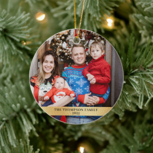 Modern Minimalist Gold Family 2 Photo Ceramic Tree Decoration