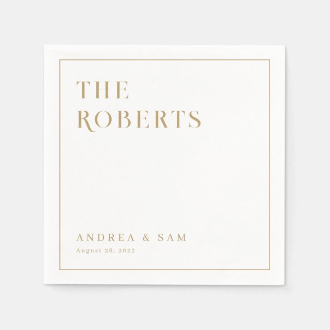 Modern Minimalist Gold Family Name Wedding Napkins (Front)