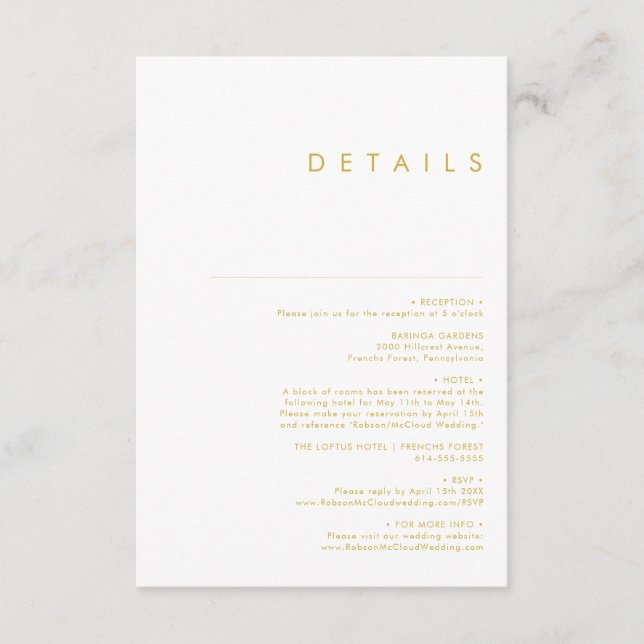 Modern Minimalist Gold Font Details Enclosure Card (Front)