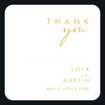 Modern Minimalist Gold Font Thank You Wedding Square Sticker<br><div class="desc">This Modern Minimalist Gold Font thank you wedding square sticker is perfect for your classy boho wedding. Its simple, unique abstract design accompanied by a contemporary minimal script and gold colour palette gives this product a feel of elegant formal luxury while staying simplistic, chic bohemian. Keep it as is, or...</div>