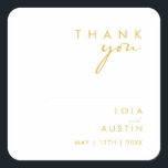 Modern Minimalist Gold Font Thank You Wedding Square Sticker<br><div class="desc">This Modern Minimalist Gold Font thank you wedding square sticker is perfect for your classy boho wedding. Its simple, unique abstract design accompanied by a contemporary minimal script and gold colour palette gives this product a feel of elegant formal luxury while staying simplistic, chic bohemian. Keep it as is, or...</div>