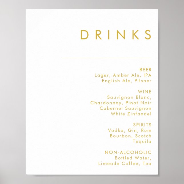 Modern Minimalist Gold Font Wedding Drinks Menu Poster (Front)