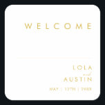 Modern Minimalist Gold Font Wedding Welcome Square Sticker<br><div class="desc">This Modern Minimalist Gold Font wedding welcome square sticker is perfect for your classy boho wedding. Its simple, unique abstract design accompanied by a contemporary minimal script and gold colour palette gives this product a feel of elegant formal luxury while staying simplistic, chic bohemian. Keep it as is, or choose...</div>