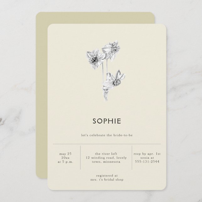 Modern Minimalist Gold Hint Daffodil Bridal Shower Invitation (Front/Back)