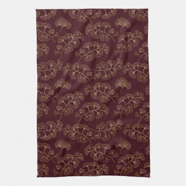 Modern Minimalist Gold Leaf Maroon Tea Towel (Vertical)
