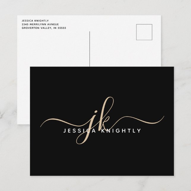 Modern Minimalist Gold Monogram Script Initials Postcard (Front/Back)