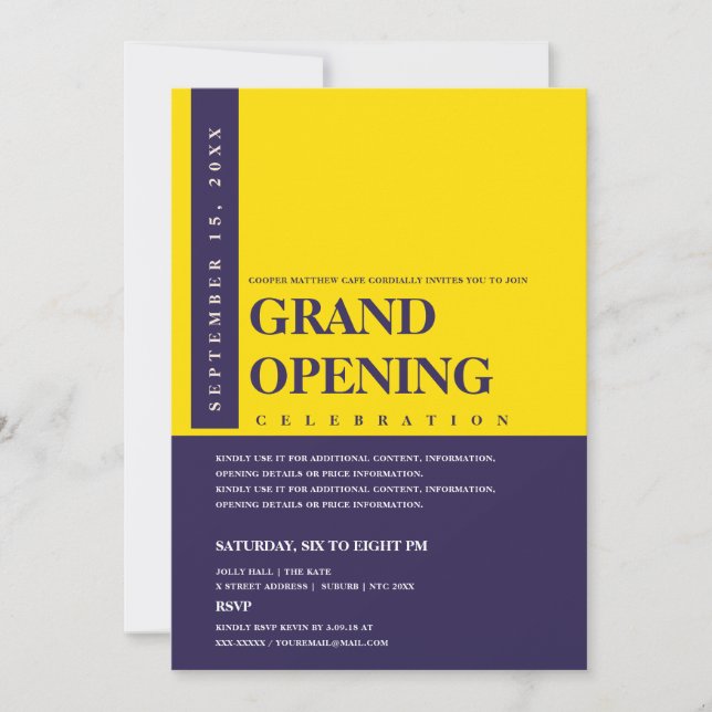 Modern Minimalist Gold & Navy Blue Grand Opening Invitation (Front)