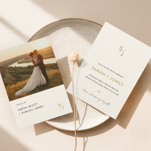 Modern Minimalist Gold Photo Wedding Ecru Invitation