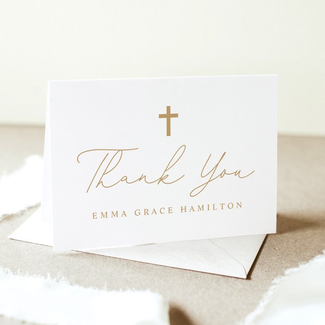 Modern Minimalist Gold Script Photo Baptism Thank You Card (Creator Uploaded)
