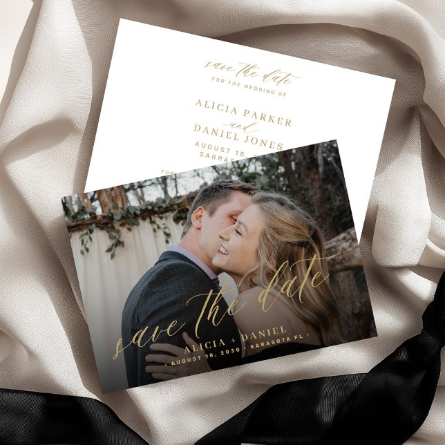 Modern minimalist gold script photo wedding  save the date (Creator Uploaded)