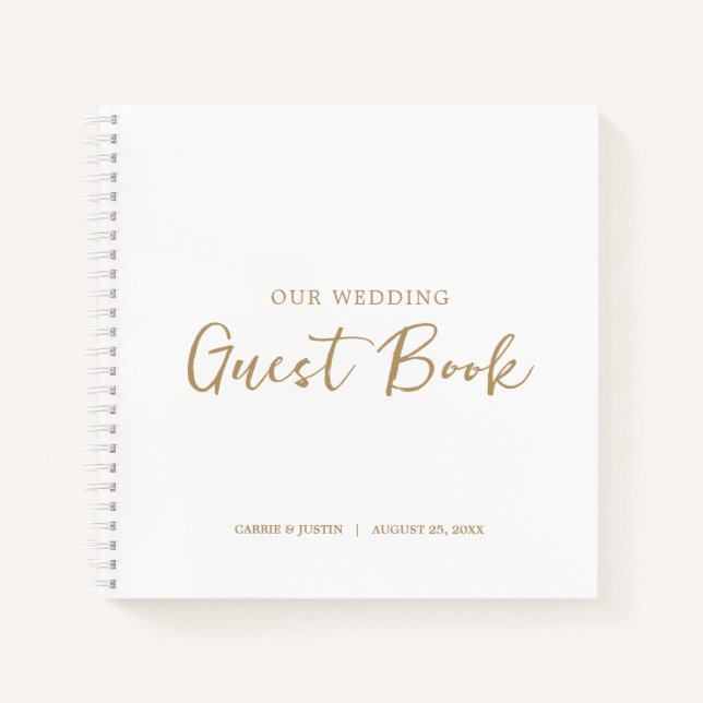 Modern Minimalist Gold Script Wedding Guest Book (Front)