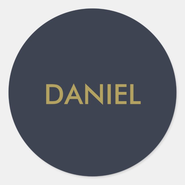 Modern minimalist gold text navy blue classic round sticker (Front)