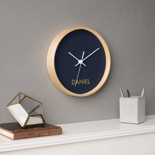 Modern minimalist gold text navy blue clock (Office)