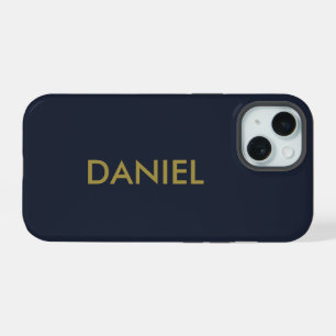 Modern minimalist gold text navy blue iPhone 15 case