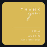 Modern Minimalist Gold Thank You Wedding Square Sticker<br><div class="desc">This Modern Minimalist Gold thank you wedding square sticker is perfect for your classy boho wedding. Its simple, unique abstract design accompanied by a contemporary minimal script and gold colour palette gives this product a feel of elegant formal luxury while staying simplistic, chic bohemian. Keep it as is, or choose...</div>