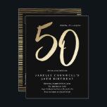 Modern Minimalist Gold Type 50th Birthday Invitation Postcard<br><div class="desc">Modern minimalist 50th birthday party invitation features stylish faux gold foil number handwritten script 50 and your party details in classic serif font on black background colour, simple and elegant, great surprise adult milestone birthday invitation for men and women. The black background colour can be changed to any colour of...</div>