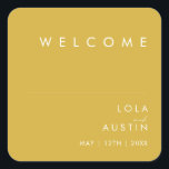 Modern Minimalist Gold Wedding Welcome Square Sticker<br><div class="desc">This Modern Minimalist Gold wedding welcome square sticker is perfect for your classy boho wedding. Its simple, unique abstract design accompanied by a contemporary minimal script and gold colour palette gives this product a feel of elegant formal luxury while staying simplistic, chic bohemian. Keep it as is, or choose to...</div>
