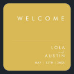 Modern Minimalist Gold Wedding Welcome Square Sticker<br><div class="desc">This Modern Minimalist Gold wedding welcome square sticker is perfect for your classy boho wedding. Its simple, unique abstract design accompanied by a contemporary minimal script and gold colour palette gives this product a feel of elegant formal luxury while staying simplistic, chic bohemian. Keep it as is, or choose to...</div>