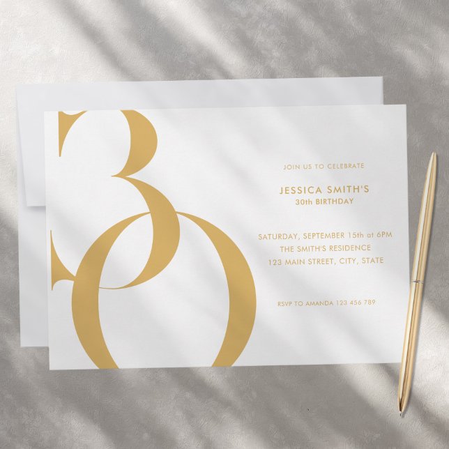 Modern Minimalist Gold White 30th Birthday Invitation (Creator Uploaded)