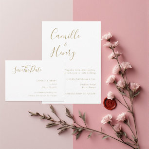 Modern Minimalist Gold & White Wedding Save The Date