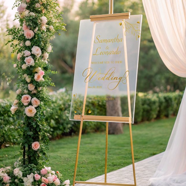 Modern Minimalist Golden Floral Wedding Welcome Acrylic Sign (Creator Uploaded)