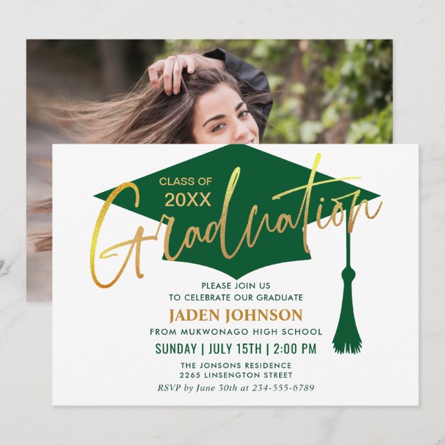 Modern Minimalist Golden Green Graduation Party Invitation (Front/Back)