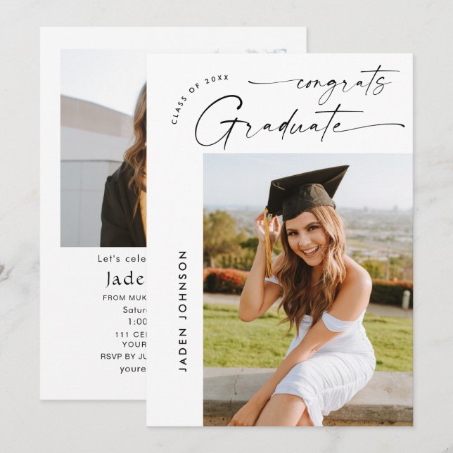 Modern Minimalist Grad 2 PHOTO Graduation Party Invitation (Front/Back)