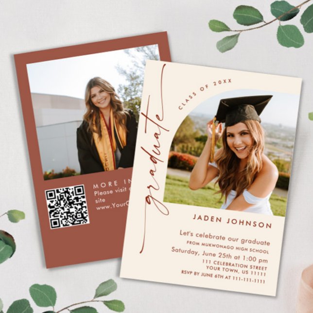 Modern Minimalist Grad 2 PHOTO Graduation Party QR Invitation (Creator Uploaded)