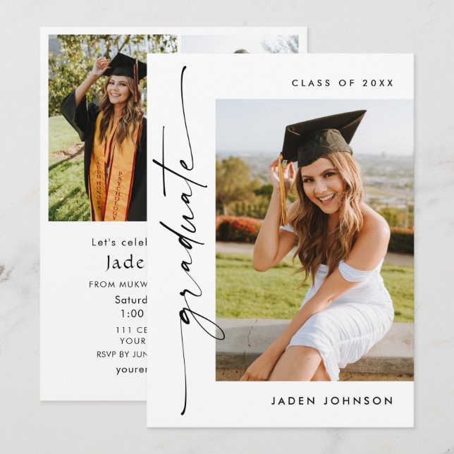 Modern Minimalist Grad 4 PHOTO Graduation Party Invitation (Front/Back)