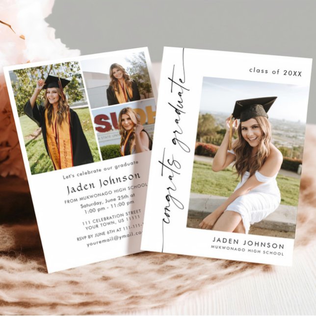 Modern Minimalist Grad 4 PHOTO Graduation Party Invitation (Creator Uploaded)